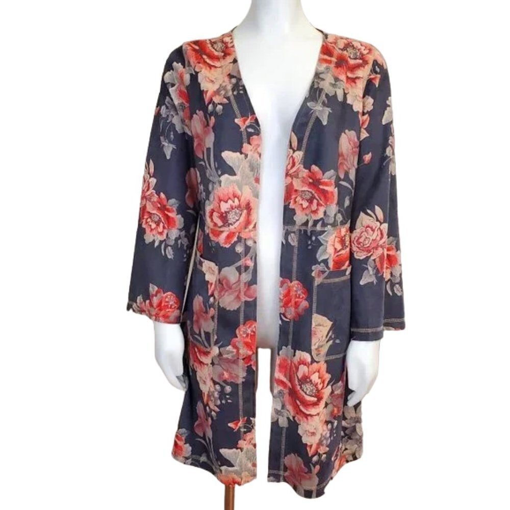 Solitaire Faux Suede Floral Duster Jacket Womens Small boho travel office